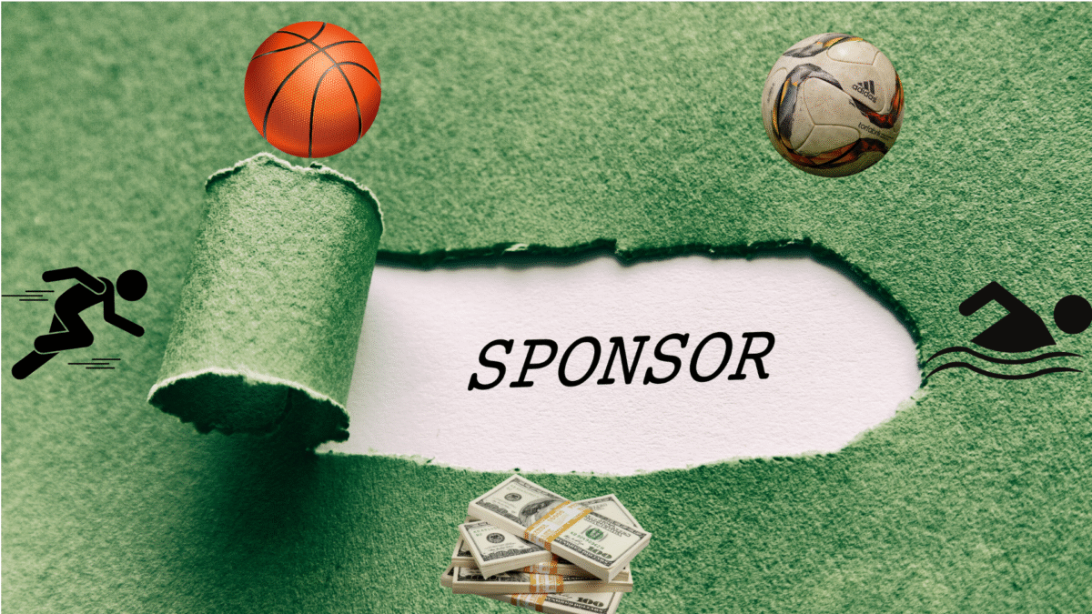 Portion of grass with a strip torn off and sponsor written on a white background.